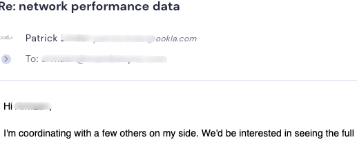 Email reply showing interest in network performance data