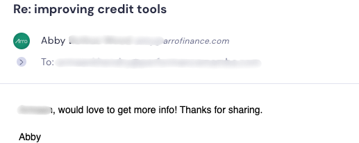 Email reply expressing interest in improving credit tools