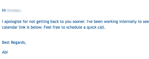 Email reply apologizing for delay and providing a calendar link
