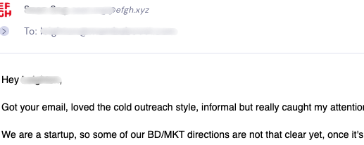 Email reply praising informal cold outreach style from a startup