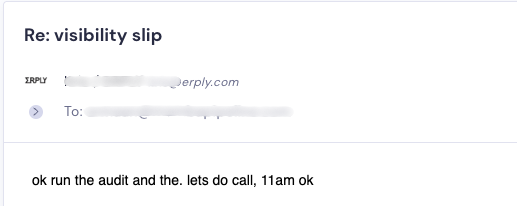 Email reply agreeing to run audit and call at 11 am for visibility slip