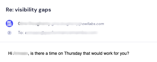 Email reply asking about Thursday availability for visibility gaps