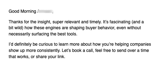 Email reply thanking for insight and asking to book a call
